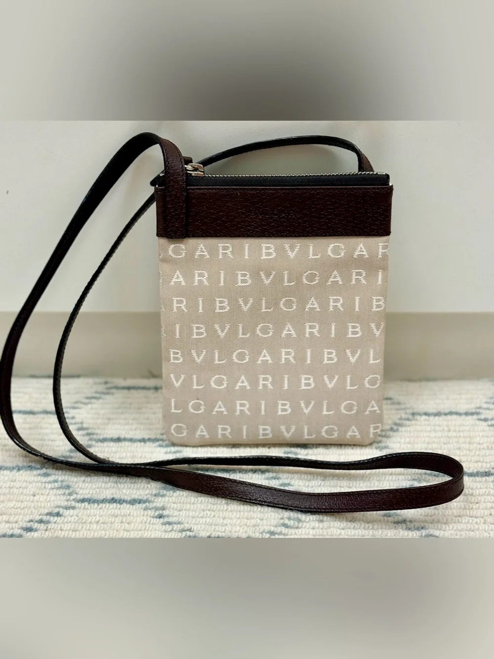 BVLGARI Unisex Rare Logomania Beige Leather Canvas Flat Pouch Crossbody Bag
